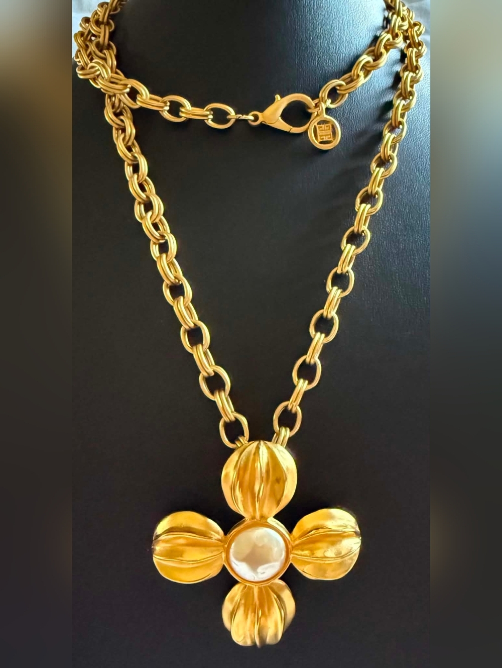 Givenchy Gold-Tone Floral Pendant Necklace with Pearl Center